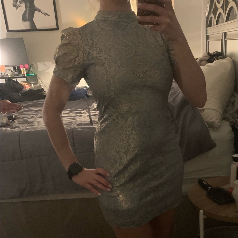 NWT Lulu’s Blue Metallic Lace Backless Mini Dress